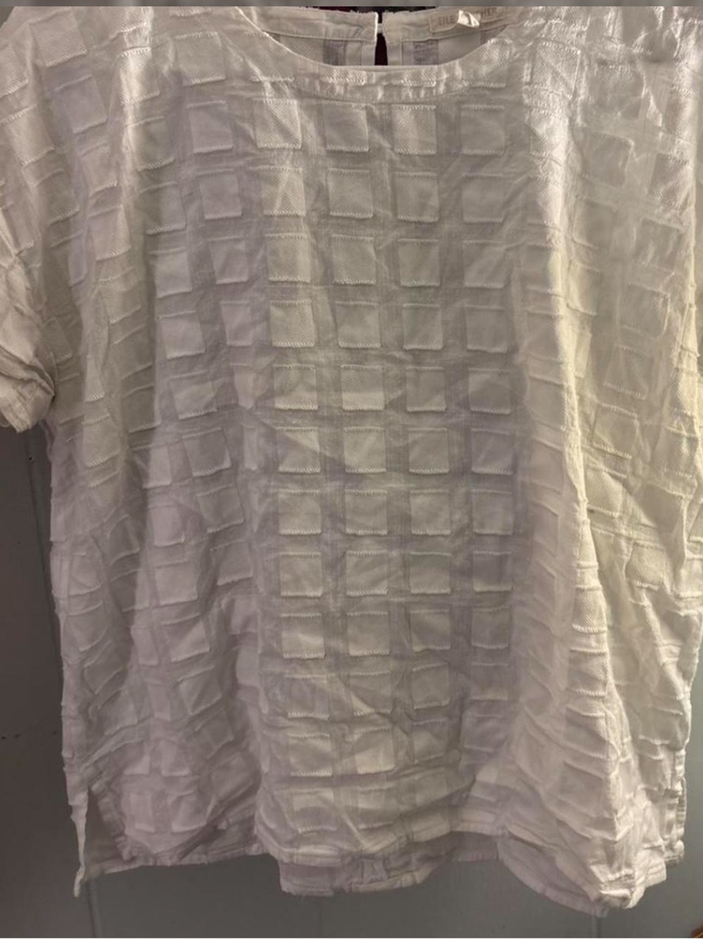 Eileen Fisher White Textured Square-Pattern Short-Sleeve Blouse
